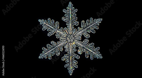 Fototapeta Stunning macro photograph of a perfect snowflake crystal against a black background, Winter beauty