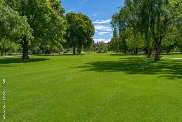 Fototapeta Lush green grass field with trees and people in a park.