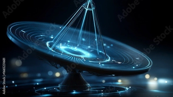 Obraz Futuristic glowing satellite dish with blue holographic projection beaming data in dark space environment - advanced telecommunications technology concept with free copy space