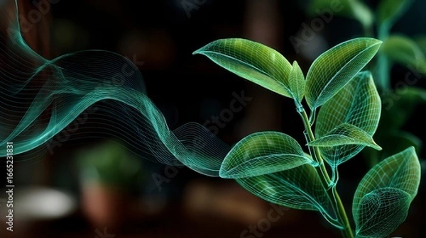 Obraz Innovative digital plant with glowing wireframe leaves and flowing energy waves against dark background - sustainable technology concept for environmental solutions