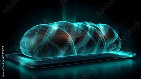 Obraz Futuristic glowing teal digital bread loaf visualization on virtual cutting board against dark background, technology concept for food innovation and digital gastronomy