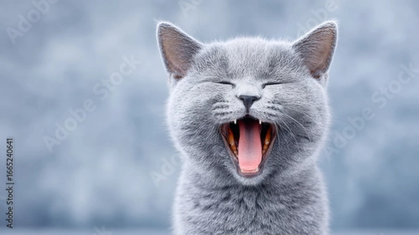 Obraz Gray cat yawning with a soft background blur.