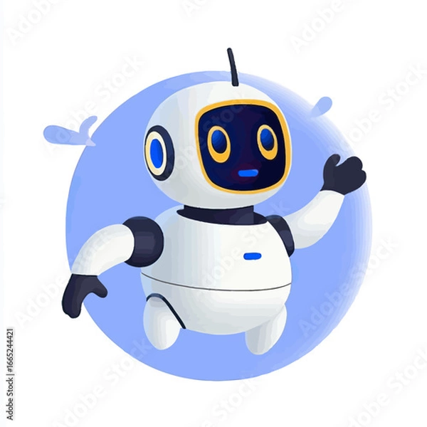 Fototapeta Friendly white and black robot character waving hand in front of blue circular background artificial intelligence concept minimalist vector design