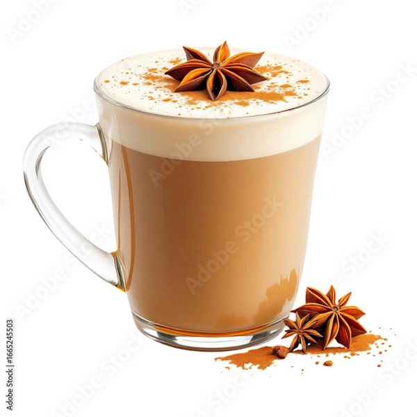 Fototapeta Chai tea latte with spices and star anise, isolated on white background