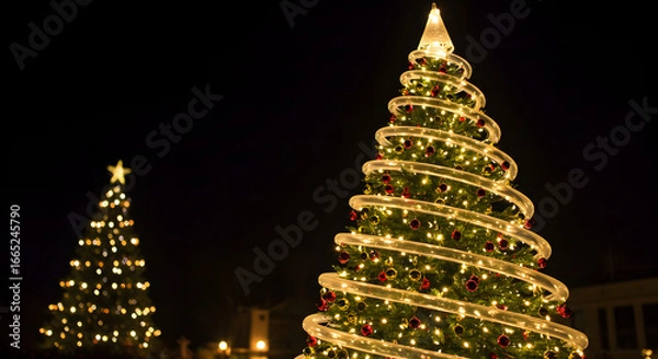 Fototapeta Stunning illuminated Christmas tree decorations with lights and ornaments at night during the holidays