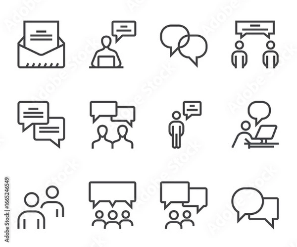 Fototapeta Communication people speech bubble isolated line outline icon set flat style simple design concept. Vector cartoon graphic illustration