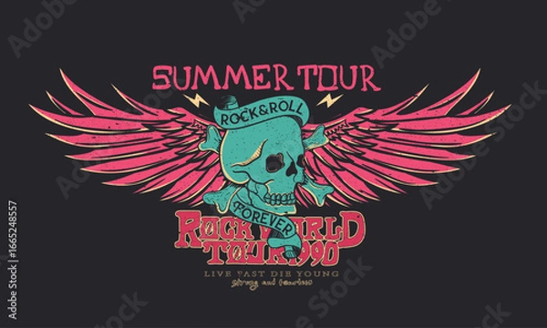 Fototapeta Rock and roll poster design. Skull rock tour graphic print design. Make some noise, rock and roll artwork design.	