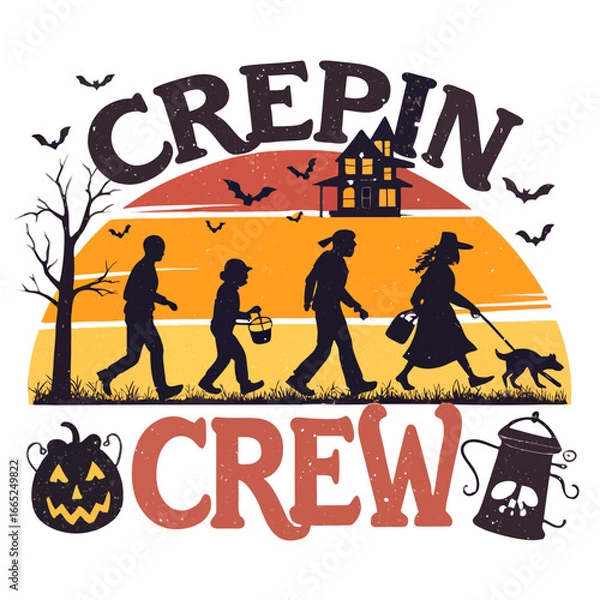 Obraz Retro vector illustration of a Halloween party poster with a cartoon woman riding a horse in a vintage art design,text crepin crew