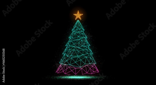 Fototapeta Modern Christmas tree glowing in neon lights with star, perfect for seasonal design