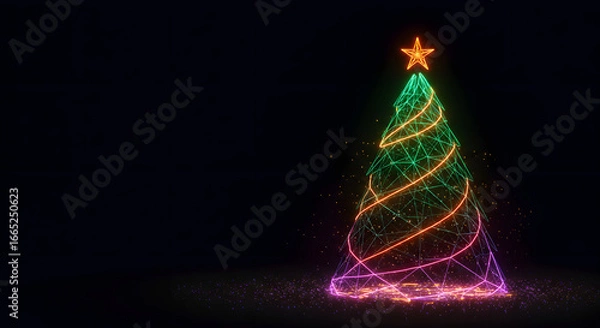 Fototapeta Modern Christmas tree with glowing neon lights and star on a dark background for holiday design