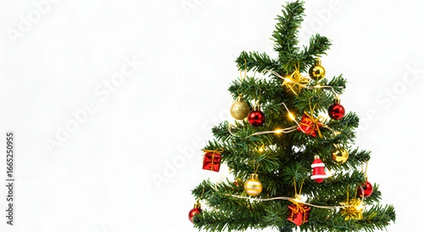 Fototapeta Festive Christmas tree with ornaments and lights, perfect for holiday greeting cards and designs