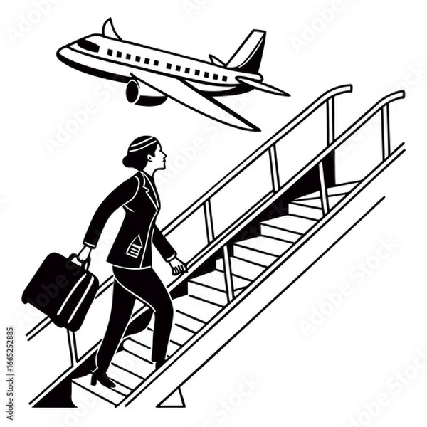 Obraz Business woman and men with suitcases climbing a ladder on the airport stairs