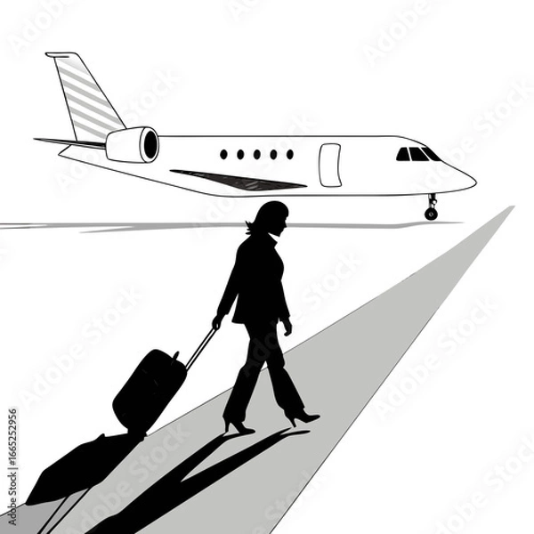 Obraz Silhouette of a woman with a suitcase and snowboard in front of an airplane, illustrating air travel