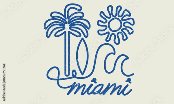 Fototapeta Here comes the sun. Tropical palm tree design.  Summer vibes artwork. Summer line drawing. Miami beach.