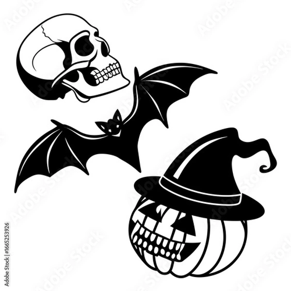 Obraz A cute  halloween,cartoon pirate skull and crossbones icon with a funny hat and a big smile