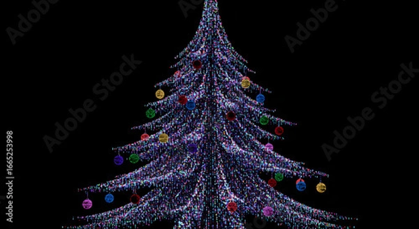 Fototapeta Stunning abstract Christmas tree with colorful ornaments on a black background, festive design