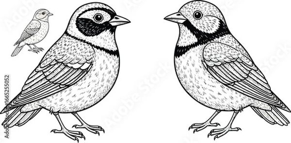 Fototapeta Three detailed bird illustrations in black and white with intricate feather and line work design style