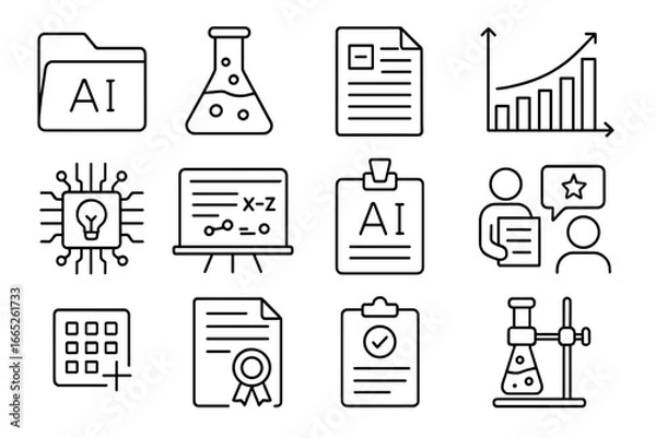Fototapeta AI Research Icons. Line style icons of AI research and labs: research folder, AI lab flask, academic paper icon, benchmark chart,