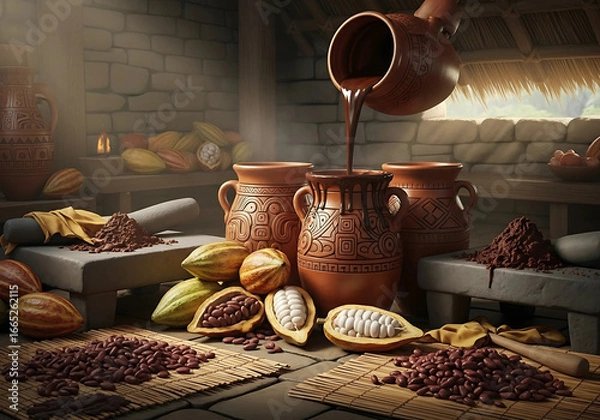 Fototapeta Pouring chocolate into decorated clay pots with cocoa