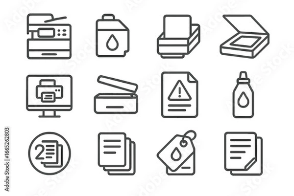 Fototapeta Printing Tools Icons. Line style icons of printing and copying tools: multifunction printer, ink cartridge icon, paper tray level,