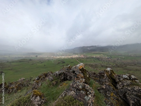 Obraz misty mountain landscape view over alpine village 