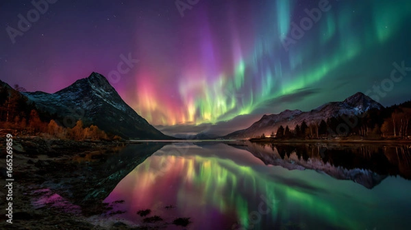 Fototapeta Vibrant northern lights illuminate the mountains and lake under a starry sky in Norway's beautiful landscape