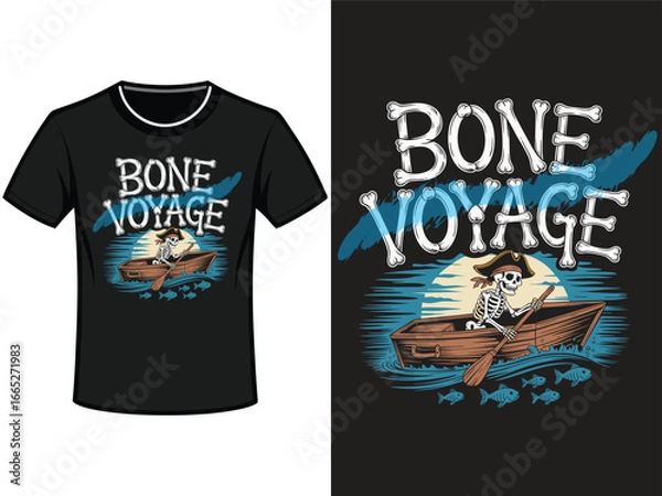 Fototapeta Pirate skeleton sailing a boat under a full moon with the words bone voyage