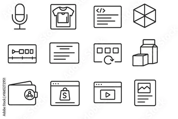 Fototapeta Freelance Tools Icons. Line style icons of freelance niche tools: podcast mic, merch mockup, 3D model, motion timeline, script