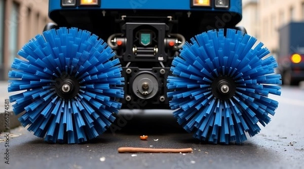 Fototapeta Close up front view of a large industrial street sweeping machine with two large blue rotating brushes ready to clean a city street