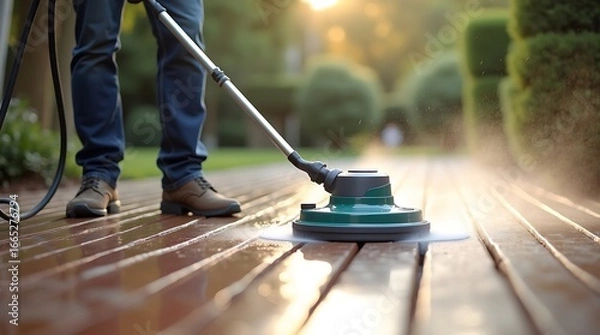 Fototapeta Person using a pressure washer with a rotary surface cleaner attachment to clean a wooden deck outdoors on a sunny day