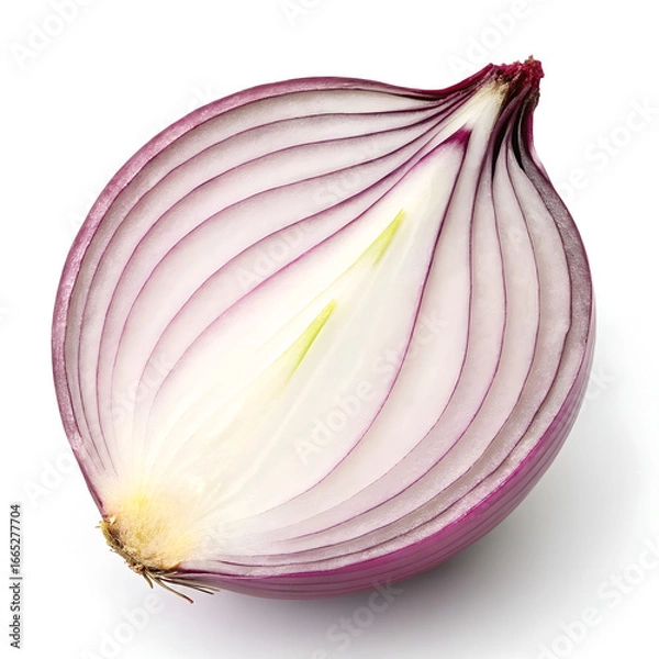 Fototapeta Fresh onion cut in half showing layered texture isolated on pure white photorealistic background