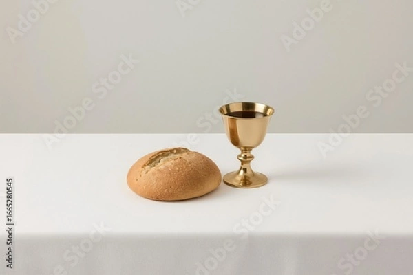 Fototapeta Communion bread, wine, table, studio, simple background, religious ceremony