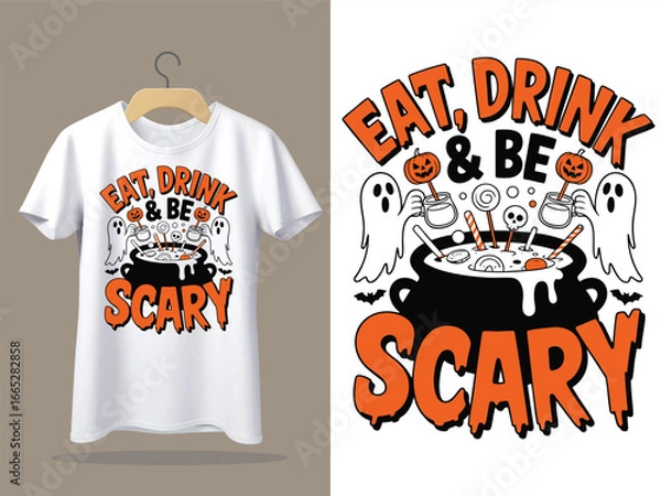 Fototapeta Whimsical halloween t shirt design featuring ghosts pumpkins and a cauldron with the phrase eat drink and be scary