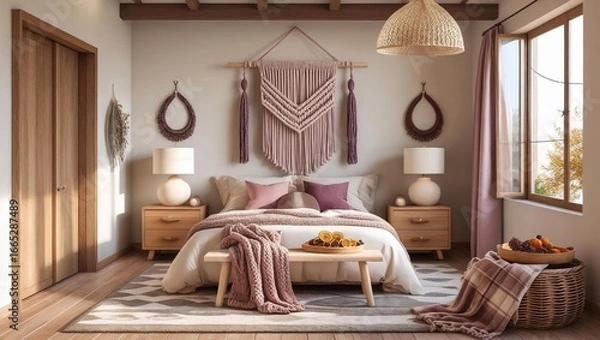 Obraz Autumn Boho Loft Interior With Ivory Bedding And Knitted Throw Blanket