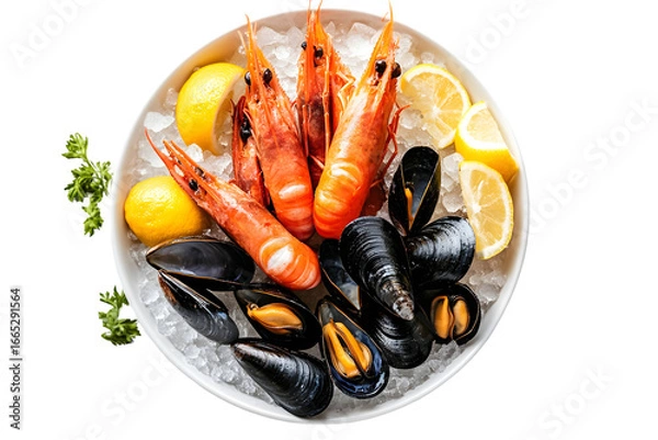Fototapeta A top view of prawns and mussels with lemon wedges on ice in a white plate presentation style on transparent background