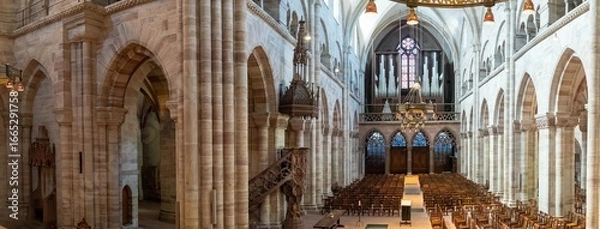 Fototapeta Wide angle, panoramic view of the interior of the Basel Cathedral (Munster), built between the years 1019 and 1500 in the Romantic and Gothic styles.
