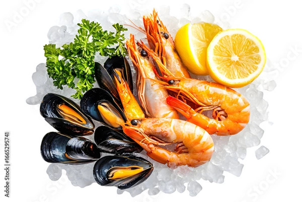 Fototapeta A seafood assortment featuring shrimp mussels parsley and lemon on a bed of crushed ice cubes near black on transparent background