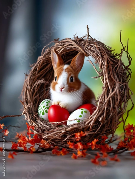 Obraz Easter bunny in a basket with colored eggs.