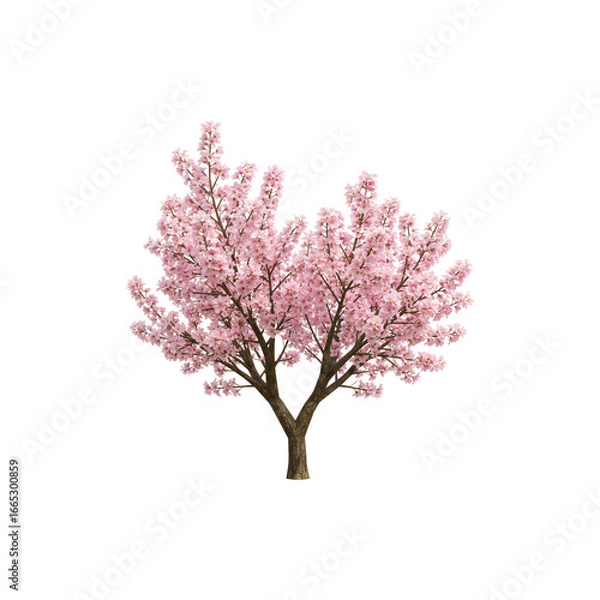 Fototapeta Beautiful pink cherry blossom tree isolated on white background perfect for spring nature and seasonal illustrations