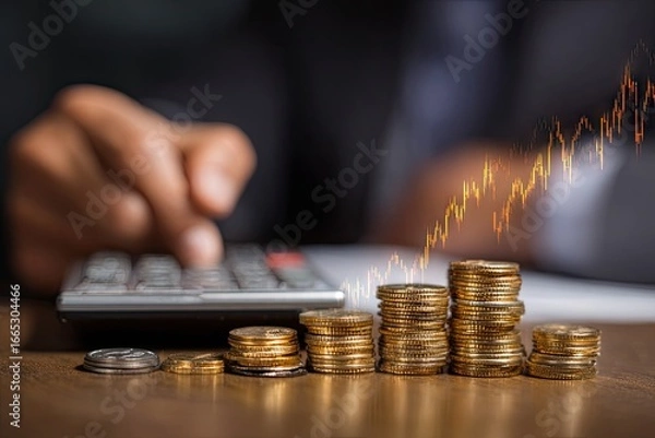 Obraz Hand using calculator near stacks of coins with upward trend graph
