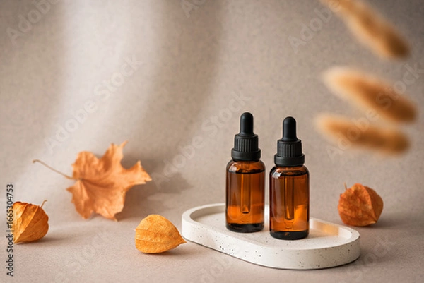 Fototapeta Amber glass dropper bottles with cosmetic serum or essential oil on beige background with autumn leaves, physalis, copy space, selective focus, skin care concept