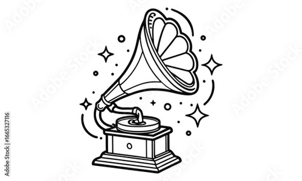Obraz Gramophone t shirt design silhouette and vector line art, detailed high quality illustration, perfect for relaxation, stress relief, mindfulness, adult coloring books, printable artwork.