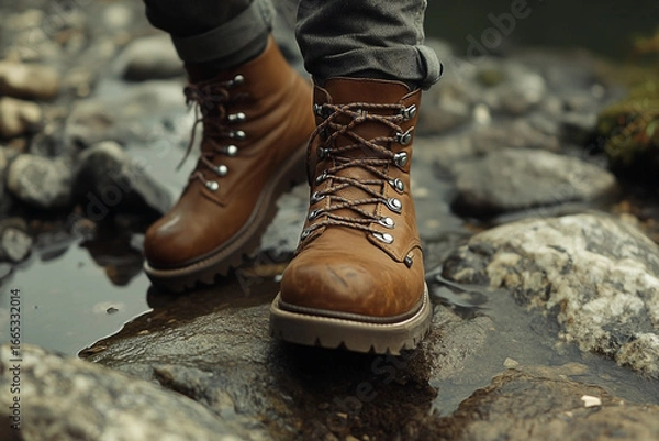 Fototapeta Rugged trail boots crossing shallow stream offering nature's allure