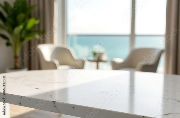 Obraz Marble hotel room table top for product placement with blurred living room and ocean background