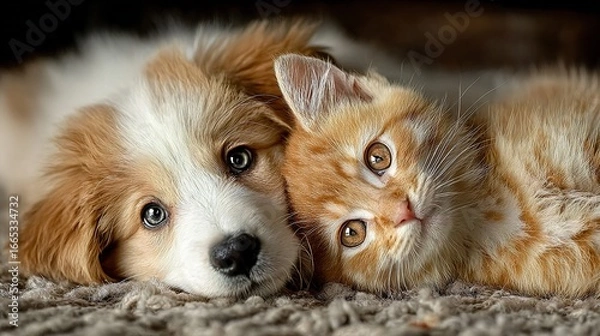 Fototapeta A dog and a cat laying next to each other on a carpet.
