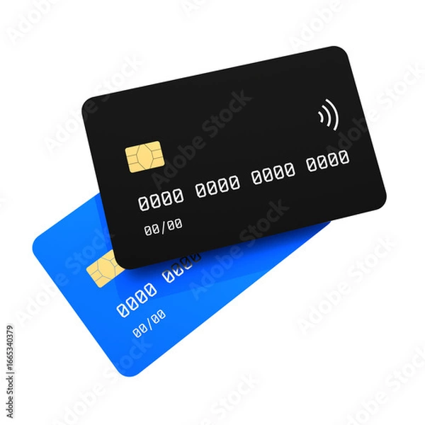 Fototapeta Bank Card, Finance, Digital Transaction – Black credit card stacked on a blue card in 3D perspective. Modern banking and electronic payment concept ideal for commerce, e-wallets, and financial service