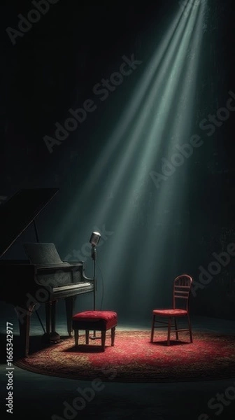 Fototapeta Solo piano performance on stage with spotlight and red chair creating a dramatic atmosphere in a dimly lit room