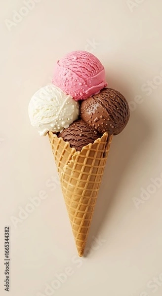 Obraz Delicious ice cream cone with strawberry chocolate and vanilla scoops dessert food