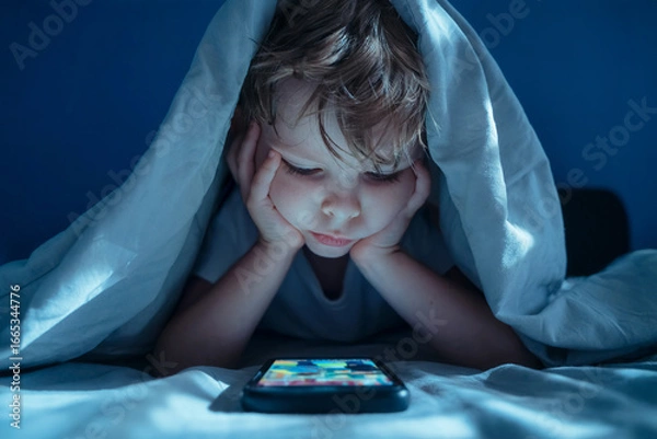 Fototapeta little bored boy in bed at night hiding under blanket, staring at glowing smartphone screen. Digital addiction, excessive screen time, and late-night gadget overuse.