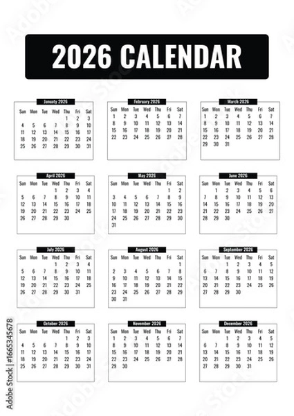 Fototapeta 2026 calendar template with bold typography and clean professional layout, modern minimal planner design for business, office, and personal organization